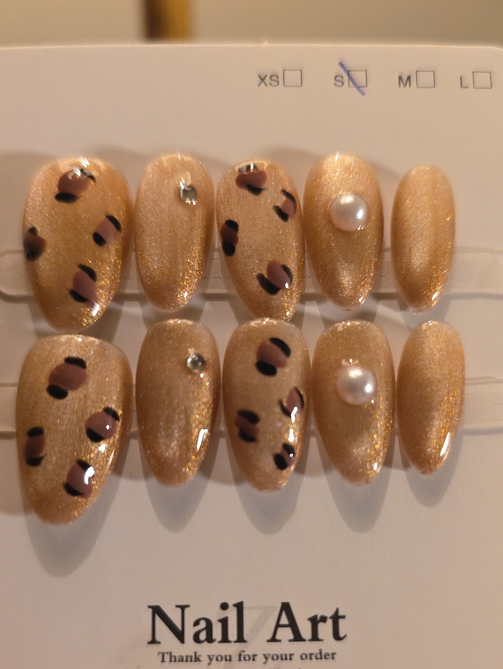 Gold Leopard Press-On Nails with Pearl & Rhinestone Accents Size Small